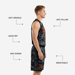 Back view of custom black and orange basketball jersey and shorts set showing back name and number in orange print