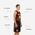 Back view of black and orange basketball uniform showing back number and player name placement on sublimated jersey