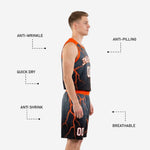 Back view of black and orange basketball uniforms displaying back player name and number print zones with full lightning sublimation on jersey and shorts