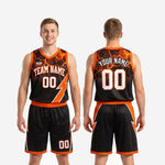 Size and specification chart for custom black and orange basketball uniform set in youth and adult sizes