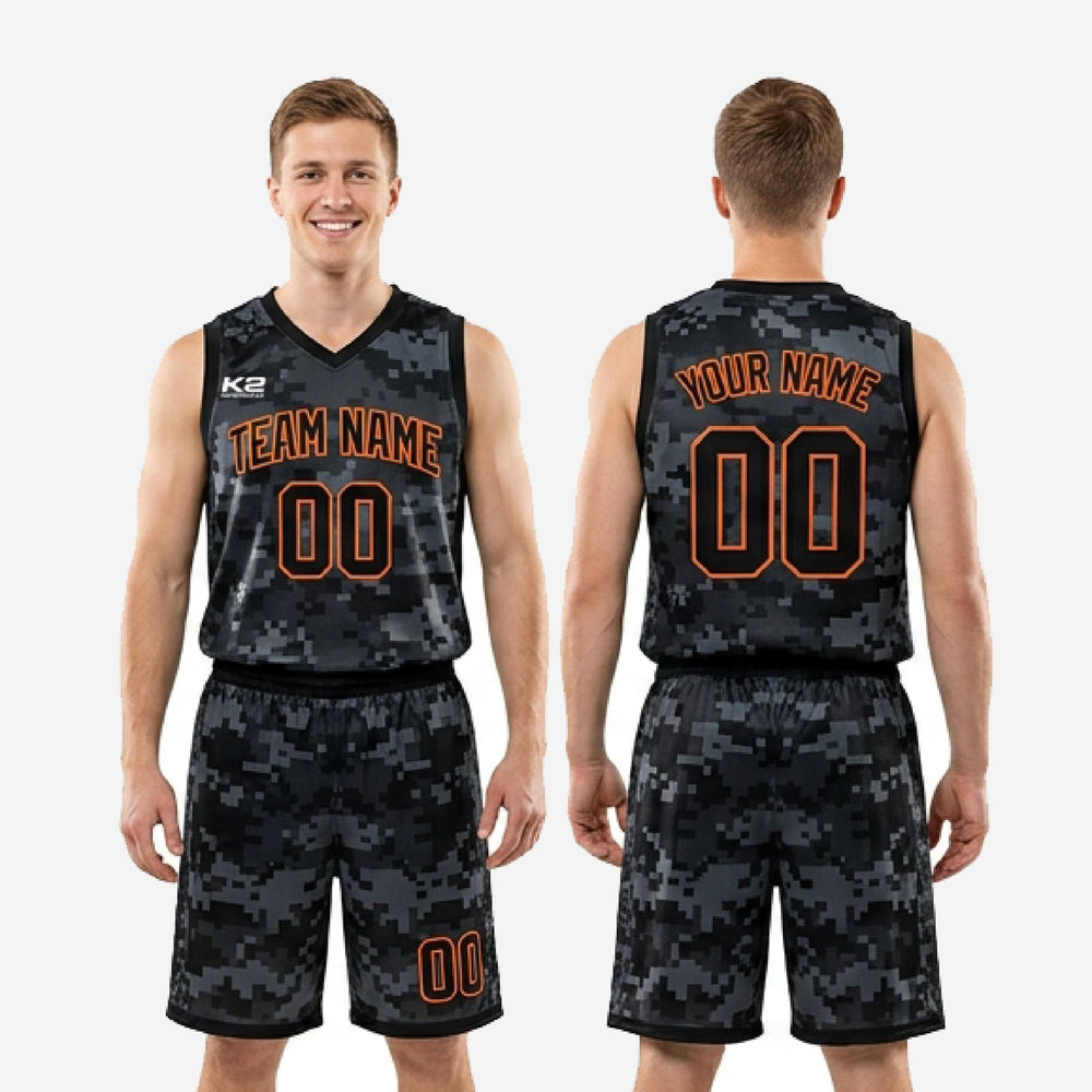 Custom Black and Orange Basketball Uniforms - Full Squad Camo Set