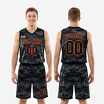 Size and specification sheet for custom black and orange basketball uniform set in youth and adult sizing
