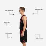 Back view of custom black and red reversible basketball uniform with player name and number placement on both sides