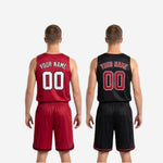 Full set view of custom black and red reversible basketball uniform two-piece set for teams and leagues