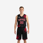 Front view of red side custom reversible basketball uniform with black diagonal slash panels arcing team name and number 00 on chest