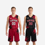Detail view of matching basketball shorts with red and black diagonal slash sublimated graphic and elastic drawcord waistband