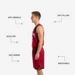 Size and specification sheet for custom black and red reversible basketball uniforms in youth and adult sizing