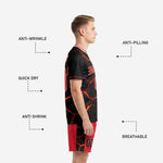 Red soccer shorts with black sublimated lava-crack side panels and printed player number, part of black and red soccer uniforms set