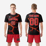 Crew neck collar detail on black and red soccer uniform jersey showing red and white contrast banding