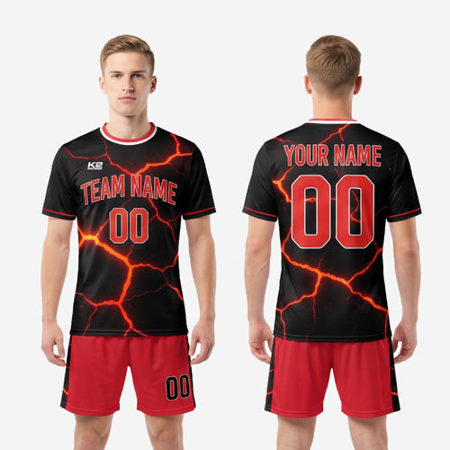Crew neck collar detail on black and red soccer uniform jersey showing red and white contrast banding
