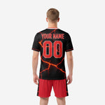Black and red soccer kit back detail showing arced player surname and large back number in fire red sublimation