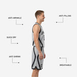 Size and specification sheet for black and white reversible basketball uniforms showing youth and adult sizing options for full roster orders