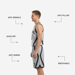 Back view of black and white reversible basketball uniform showing player name and number placement on back of jersey