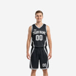Black and white reversible basketball uniforms showing black front side with silver-gray curved panels and team name number on chest