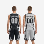 Matching black basketball shorts with silver-gray curved side panels elastic waistband drawcord and player number on leg