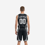 Size and specification chart for black and silver reversible basketball uniforms in youth and adult sizes
