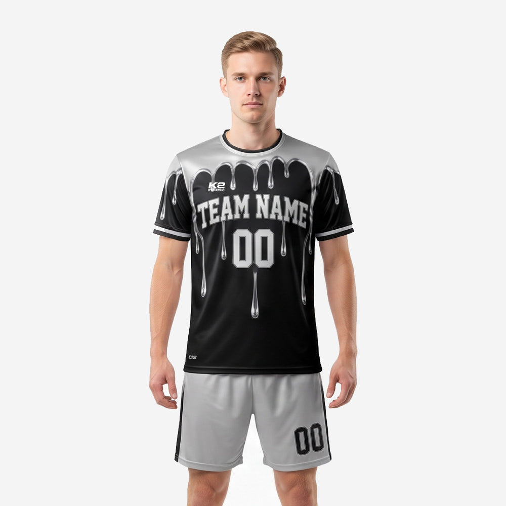 Black and White Soccer Uniforms - Custom Black Silver Drip Kit