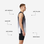 Back view of charcoal hexagon fade custom basketball jersey showing back player name and number print zones in white on male model