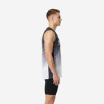 Custom charcoal and white hexagon sublimation basketball jersey showing arced team name and front number 00 on male model, front view