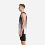 Side view of charcoal and white sublimated basketball jersey showing dark contrast side panel binding and V-neck construction on male model