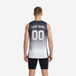 Opposite side view of custom black and white sublimation basketball jersey revealing flat armhole binding and straight hem with side vents