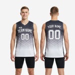 Size and specification chart for custom black and white sublimation basketball jersey showing youth and adult sizing run