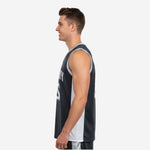 Side view of custom charcoal and white sublimation basketball jersey showing wide white mesh side panel from armhole to hem