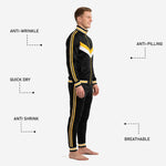 Close-up of Athletic Gold chevron and white contrast panel on custom sublimated soccer tracksuit jacket chest