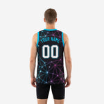 Side view of black sublimated basketball jersey showing cyan armhole binding and full-body geometric laser-line pattern in cyan and purple