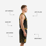 Back view of custom black basketball uniform showing player name and number placement on damask-print jersey