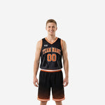 Black basketball uniform two-piece set with orange flame panel on jersey and geometric diamond shorts front view