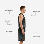 Close detail of gold pinstripe sublimation on charcoal black basketball uniform jersey fabric