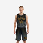 Custom black basketball uniform with gold pinstripes and charcoal gradient - sleeveless jersey and matching shorts front view