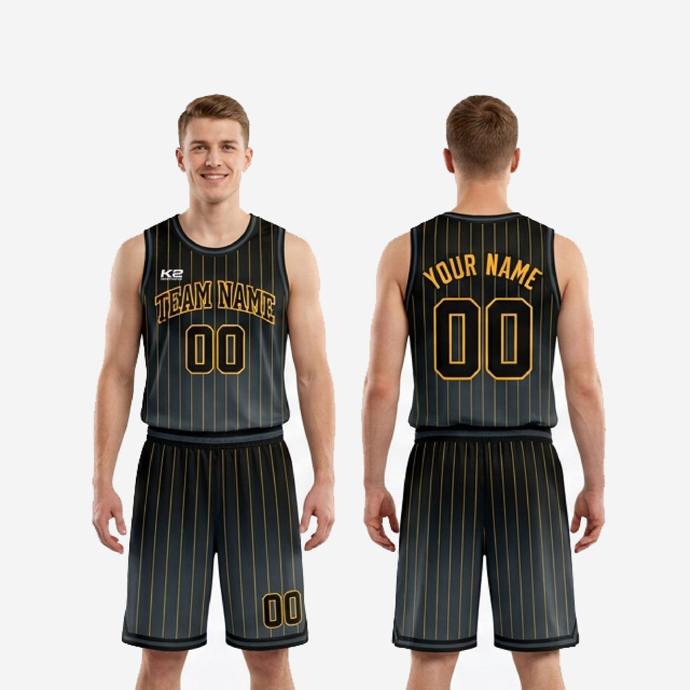 Custom Black Basketball Uniform - Pinstripe, Mixed Roster Sizes