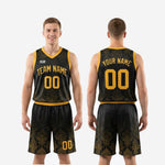 Size and spec sheet for custom black and gold basketball uniform available in youth and adult sizes