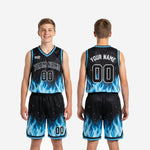 Custom printed youth basketball uniforms back view showing player number on black sublimated jersey and matching blue flame shorts