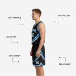 Back view of black reversible basketball jersey with player number and matching sky-blue trim on armhole binding and hem
