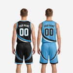 Size and specification sheet for the custom black and sky-blue reversible basketball uniform set showing youth and adult sizing