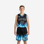 Black and blue youth basketball uniform packages size and specification sheet for full roster ordering