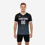Front view of black and charcoal gradient mens soccer training jersey with white V-neck trim and custom team name and number printed on chest