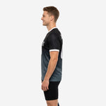 Right side view of custom mens soccer training jersey in black and charcoal gradient with short sleeve athletic fit
