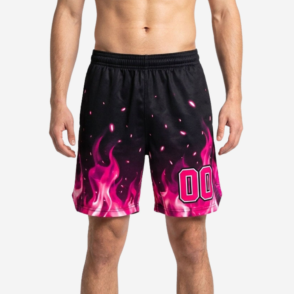 Men's Flame Print Black Custom Basketball Shorts - Pink