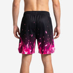Opposite side view of men's black flame pattern basketball shorts showing elastic waistband and drawcord detail