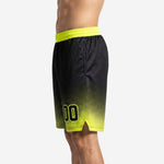 Right side view of black custom basketball shorts with neon yellow halftone pattern rising from hem to hip and sublimated player number placement