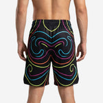 Back view of black team basketball shorts with full-dye sublimation neon swirl print covering the entire black polyester base fabric
