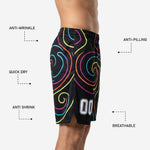 Black custom basketball shorts with neon swirl sublimation print showing front and back player number placement on adult male model
