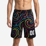 Front view of black custom basketball shorts featuring multicolor neon swirl pattern and bold white block number at lower left leg