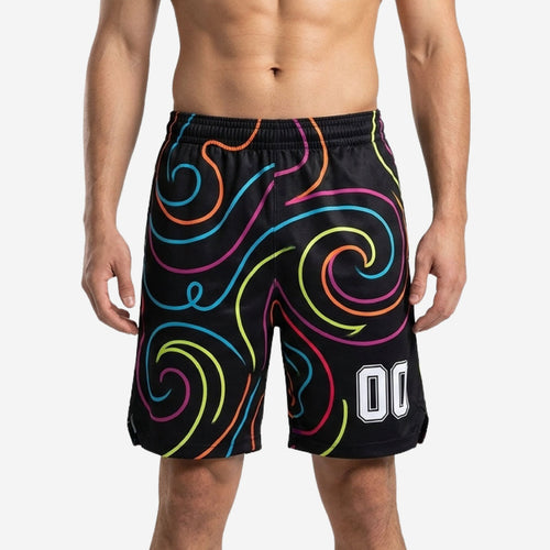 Front view of black custom basketball shorts featuring multicolor neon swirl pattern and bold white block number at lower left leg
