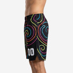 Opposite side view of black custom basketball shorts displaying breathable anti-pilling performance knit fabric and neon swirl graphic