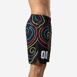 Side view of black custom basketball shorts showing elastic waistband, mid-thigh length, side split hem, and anti-wrinkle quick-dry callouts